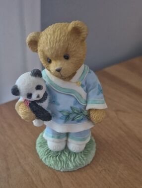 Cherished Teddies Bear in Light Blue Outfit Holding Panda